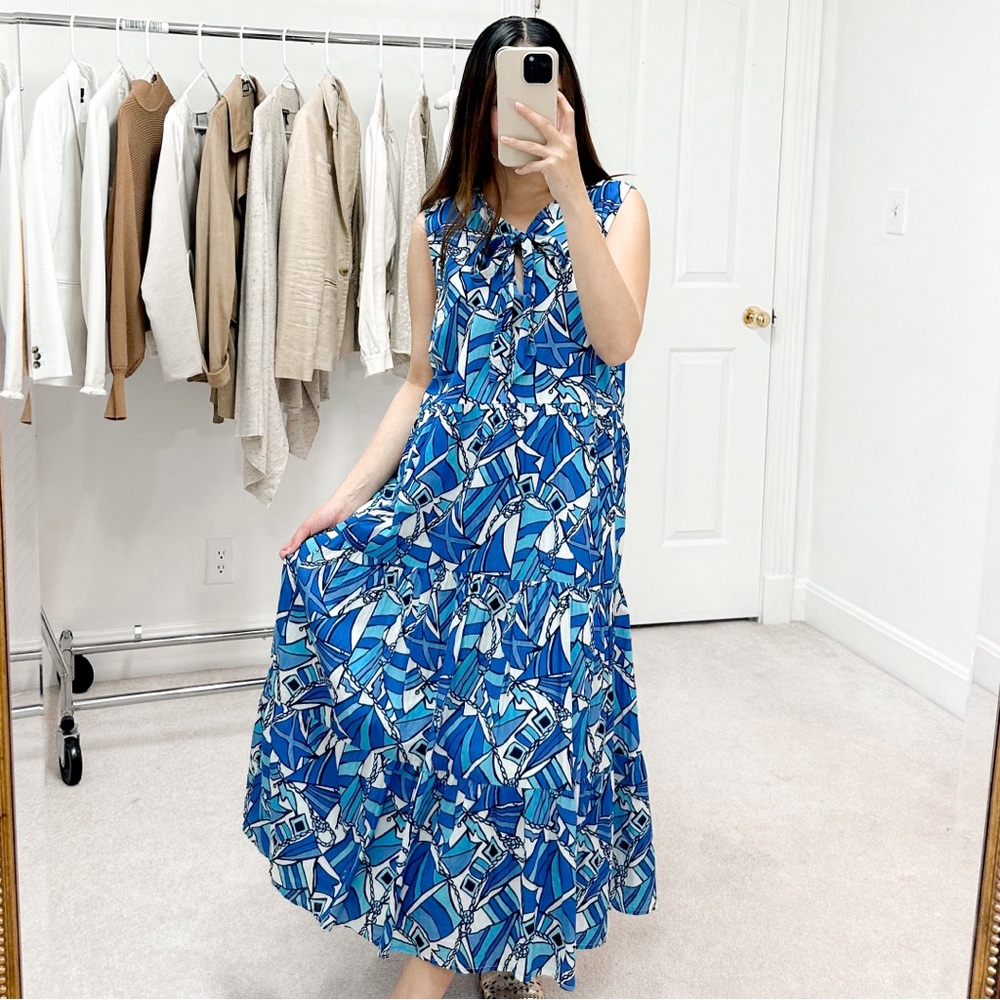 Sail to Sable Flag Print Sleeveless Tie Neck Tiered Midi Dress in Blue